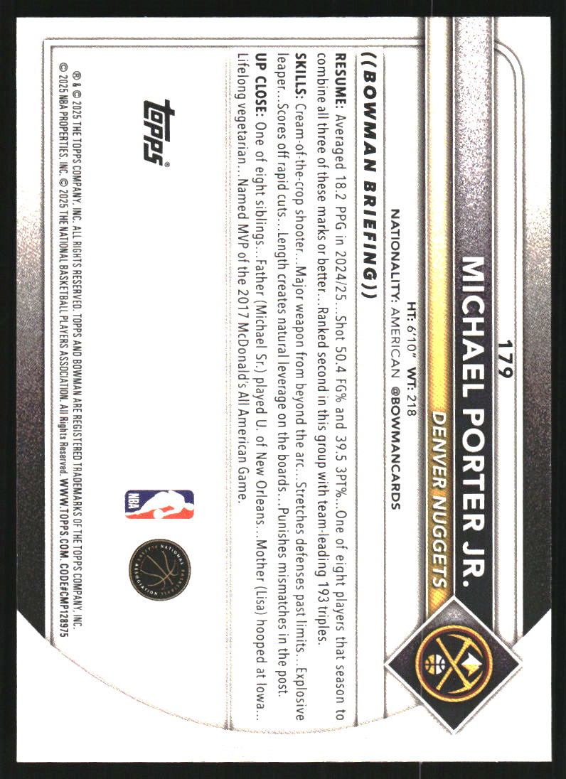 2025-26 Bowman Yellow Border #179 Michael Porter Jr. /75