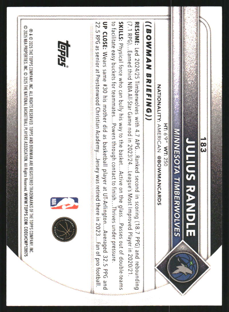 2025-26 Bowman Yellow Border #183 Julius Randle /75