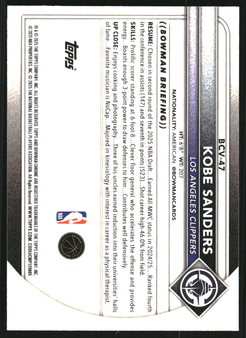 2025-26 Bowman Chrome #BCV47 Kobe Sanders