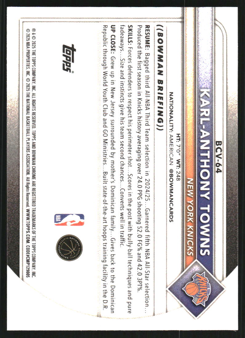 2025-26 Bowman Chrome #BCV64 Karl-Anthony Towns