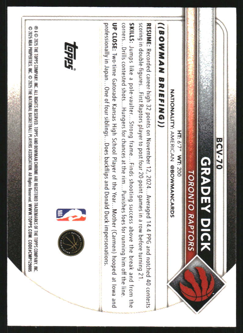 2025-26 Bowman Chrome #BCV70 Gradey Dick
