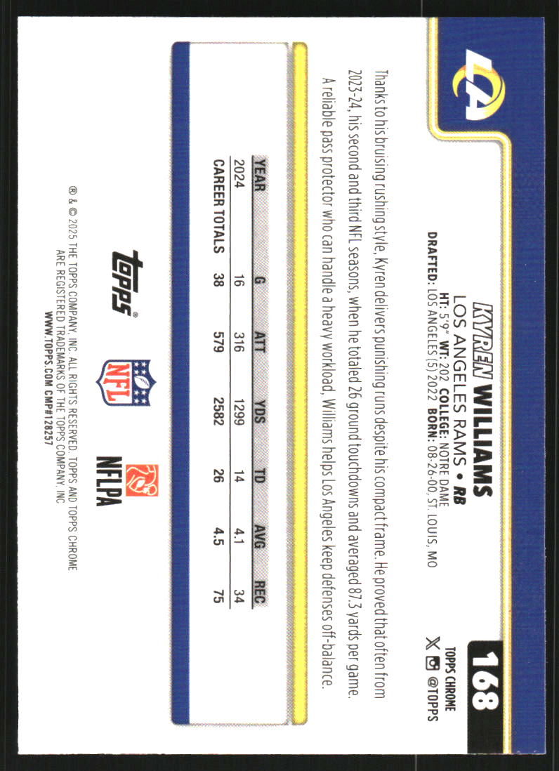 2025 Topps Chrome Pink Refractors #168 Kyren Williams /250
