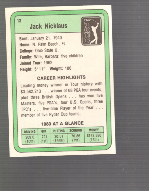 1981 Donruss #13 Jack Nicklaus RC back image