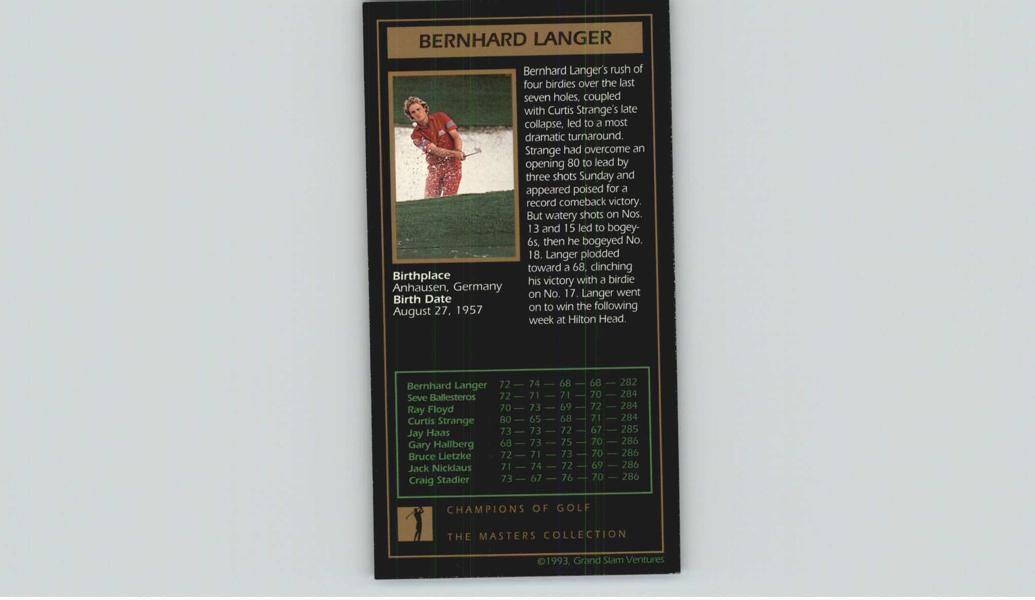 1997-98 Grand Slam Ventures Masters Collection #1985 Bernhard Langer 85 back image