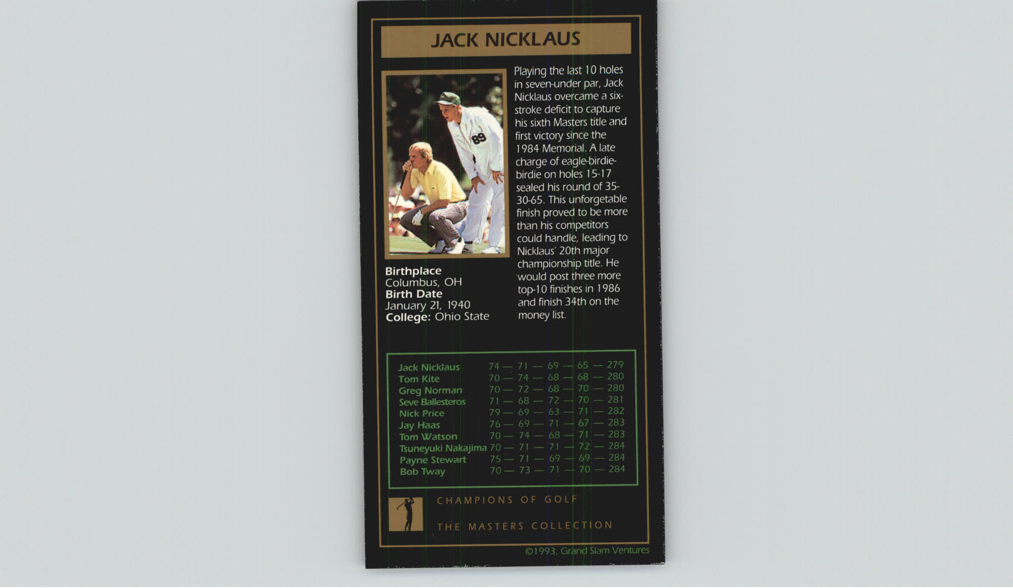1997-98 Grand Slam Ventures Masters Collection #1986 Jack Nicklaus 86 back image