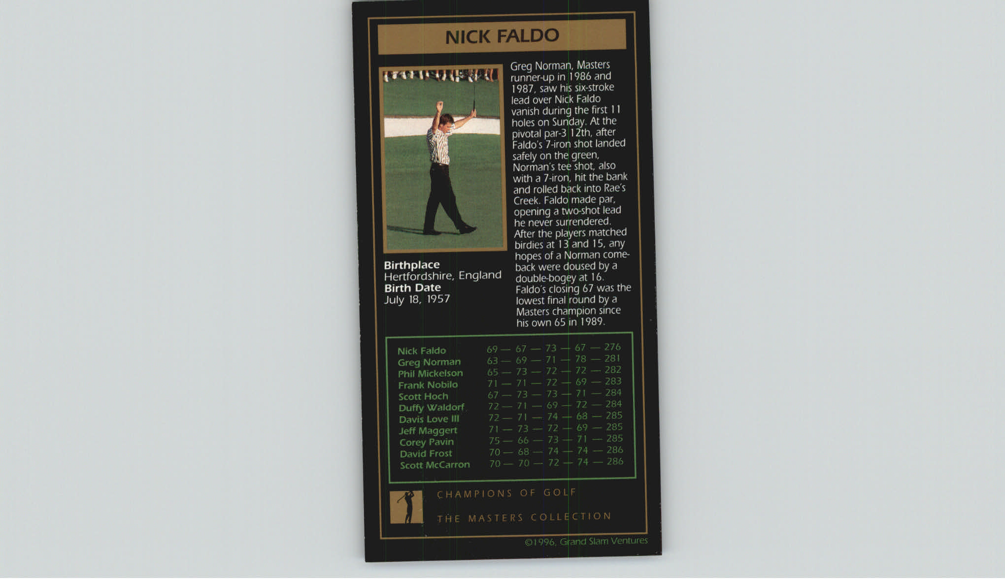 1997-98 Grand Slam Ventures Masters Collection #1996 Nick Faldo 96 back image
