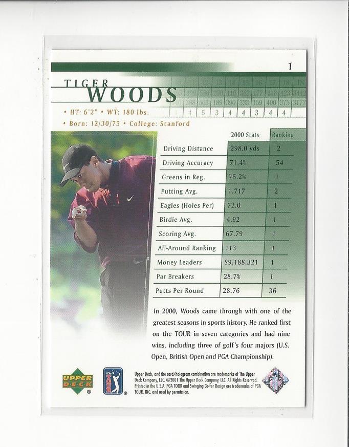 2001 Upper Deck #1 Tiger Woods RC back image