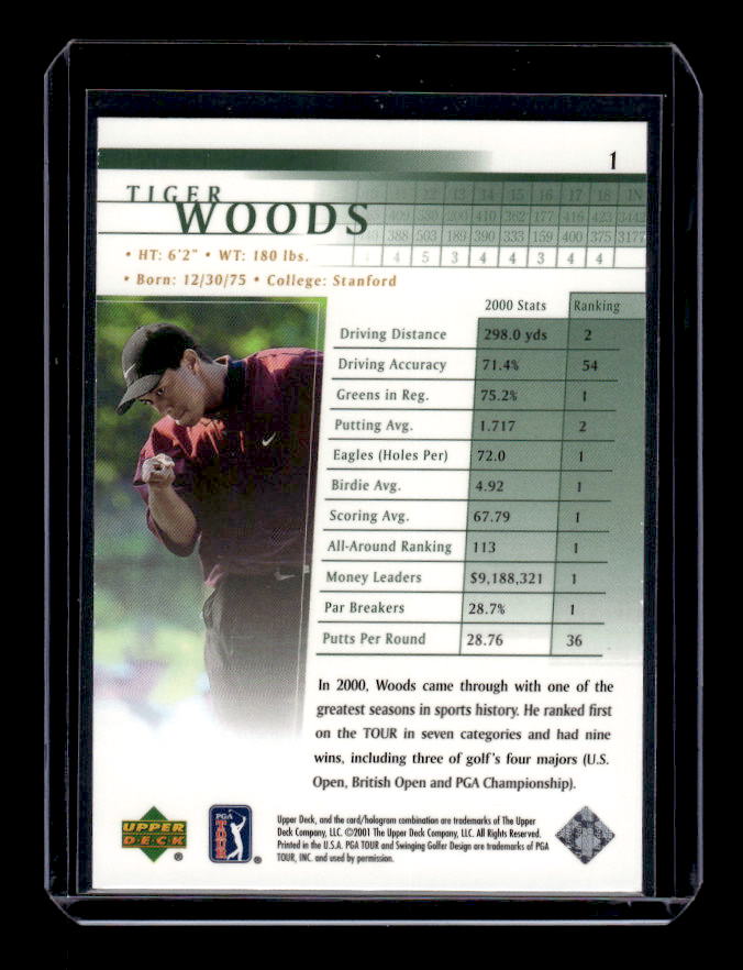 2001 Upper Deck #1 Tiger Woods RC back image