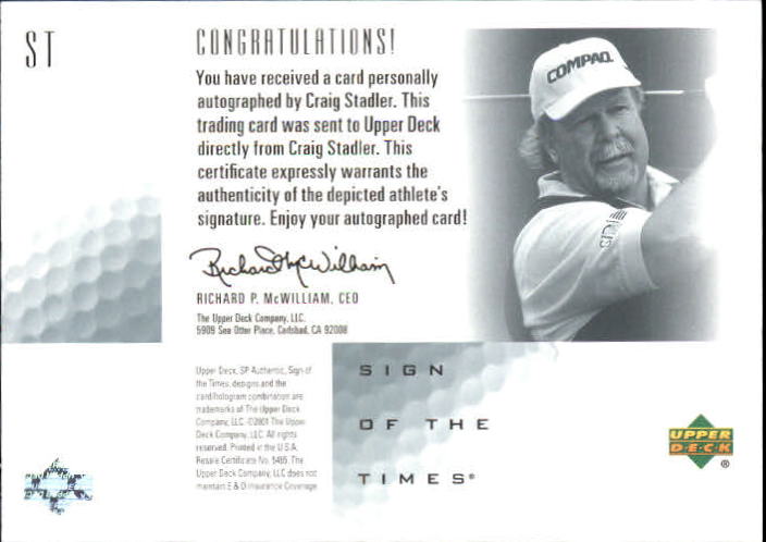 2001 SP Authentic Sign of the Times #CST Craig Stadler back image