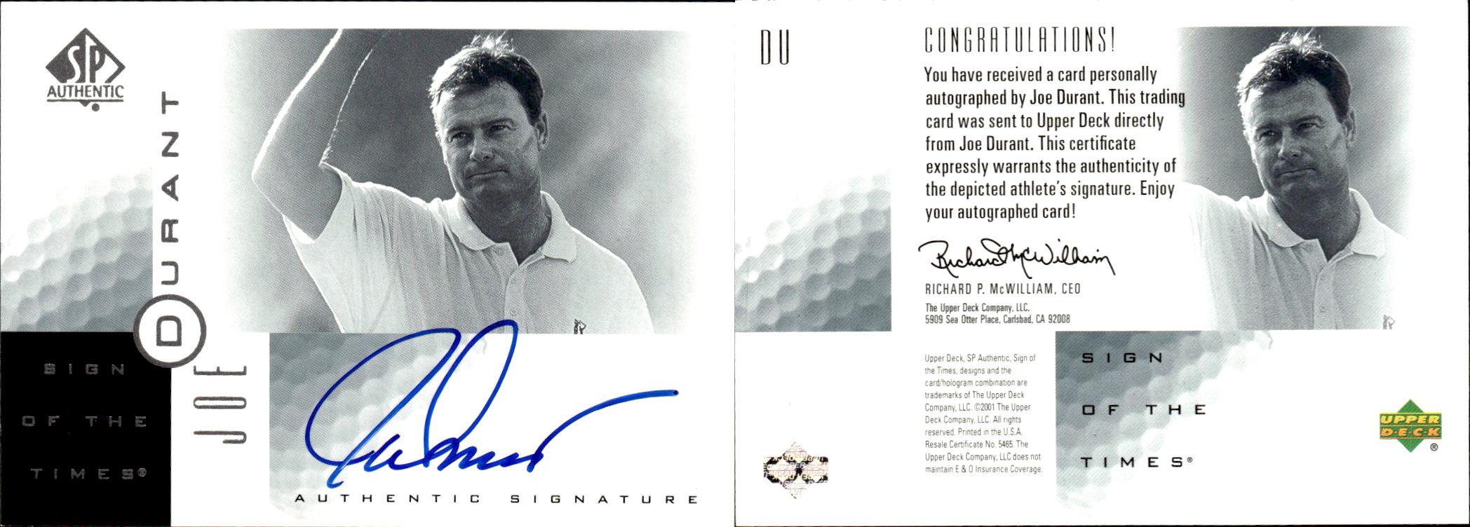 2001 SP Authentic Sign of the Times #JOD Joe Durant