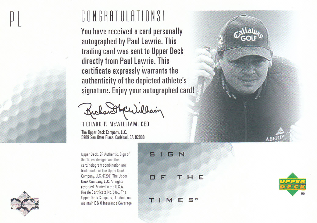 2001 SP Authentic Sign of the Times #PL Paul Lawrie SP back image