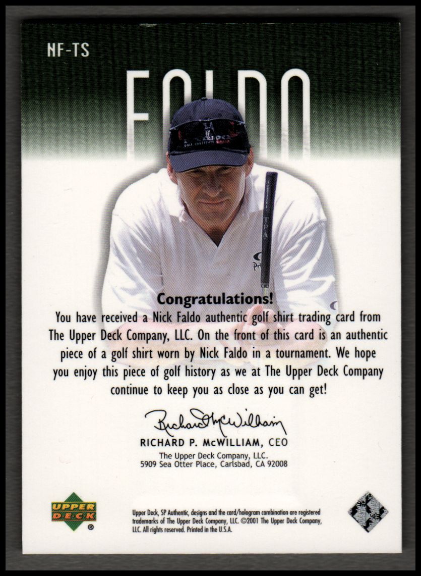 2001 SP Authentic Tour Swatch 500 #NFTS Nick Faldo back image