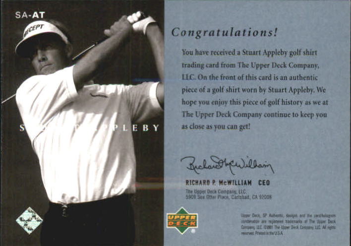 2001 SP Authentic Preview Authentic Threads #SAAT Stuart Appleby back image