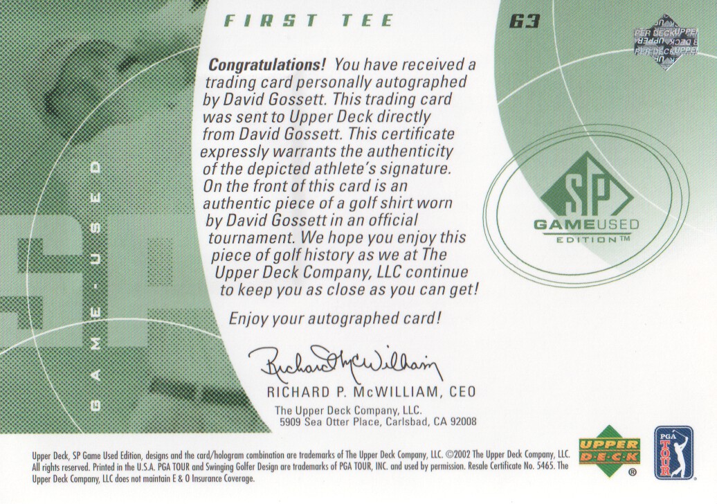 2002 SP Game Used #63 David Gossett AU Jsy T1 RC back image
