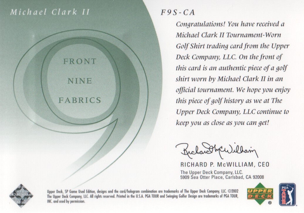 2002 SP Game Used Front 9 Fabric #CA Michael Clark II back image