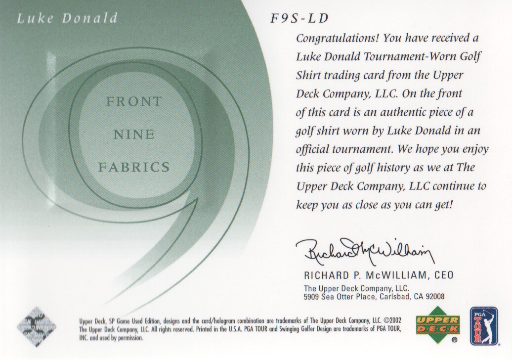 2002 SP Game Used Front 9 Fabric #LD Luke Donald back image