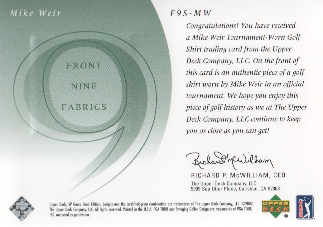 2002 SP Game Used Front 9 Fabric #MW Mike Weir back image