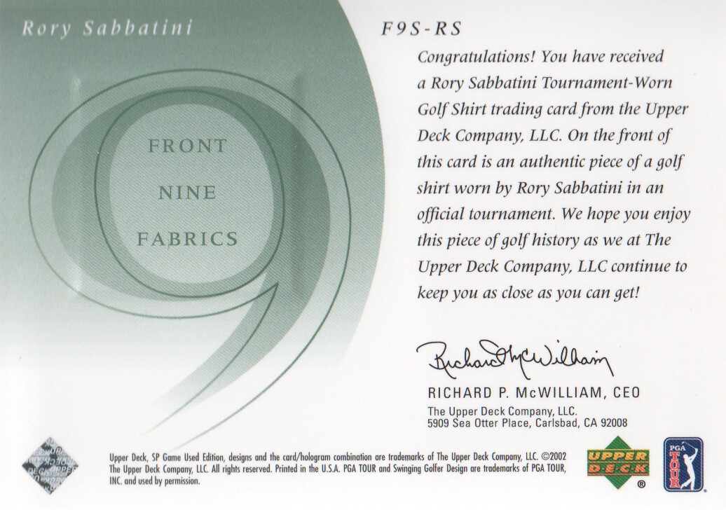 2002 SP Game Used Front 9 Fabric #RS Rory Sabbatini back image