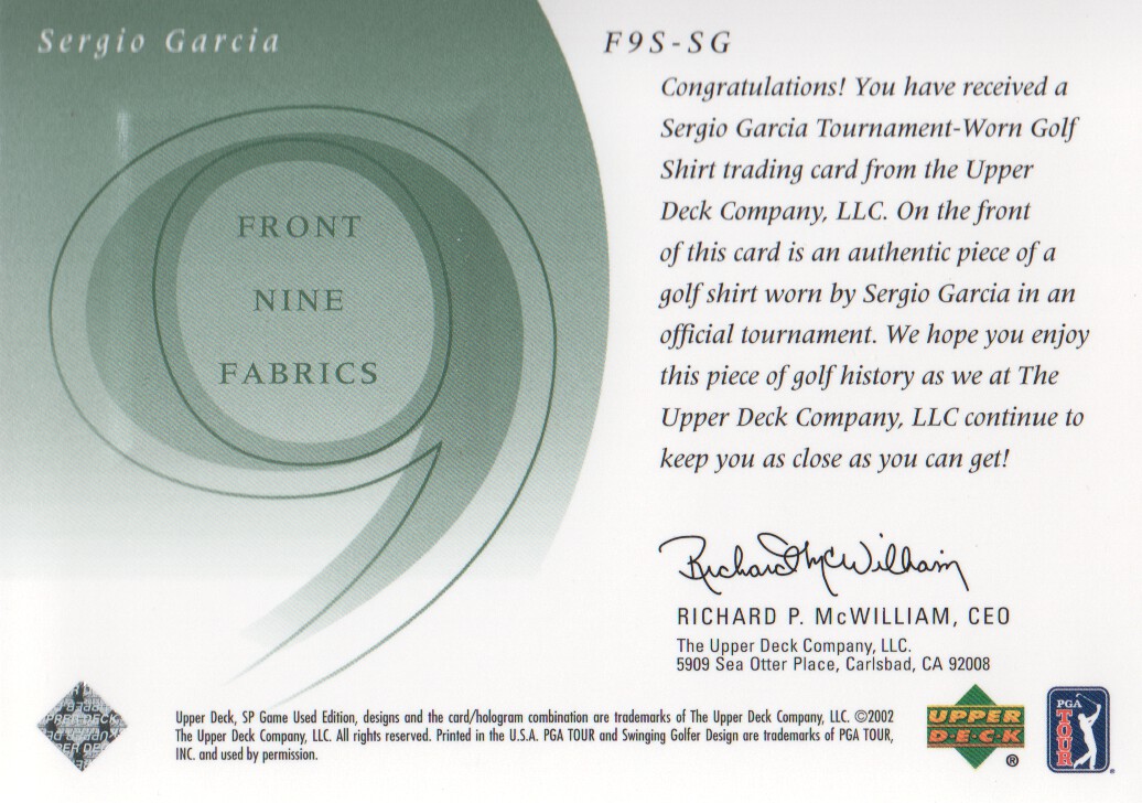 2002 SP Game Used Front 9 Fabric #SG Sergio Garcia back image