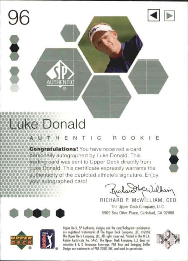 2002 SP Authentic #96 Luke Donald AU RC back image