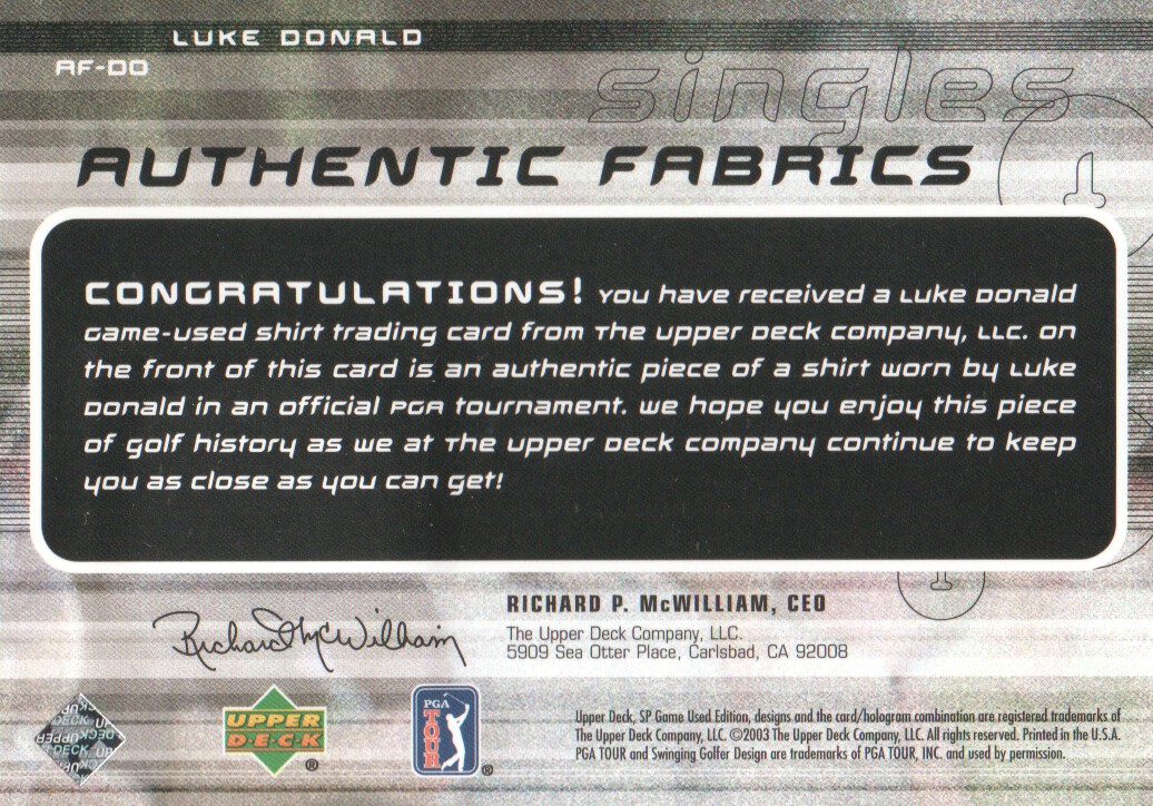 2003 SP Game Used Authentic Fabrics Singles #DO Luke Donald back image
