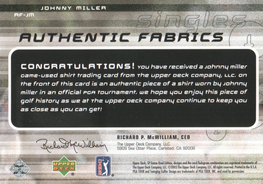 2003 SP Game Used Authentic Fabrics Singles #JM Johnny Miller back image