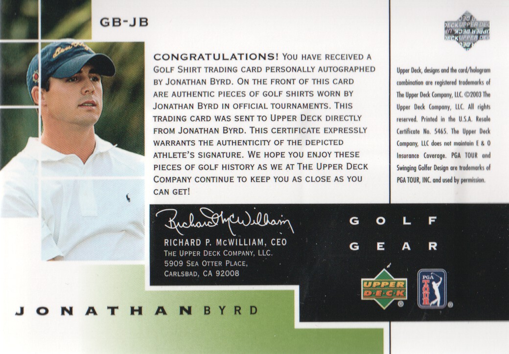 2003 Upper Deck Golf Gear Birdie Autographs #JB Jonathan Byrd back image