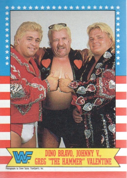 1987 Topps WWF #12 Dino Bravo, Johnny V., Greg The Hammer Valentine