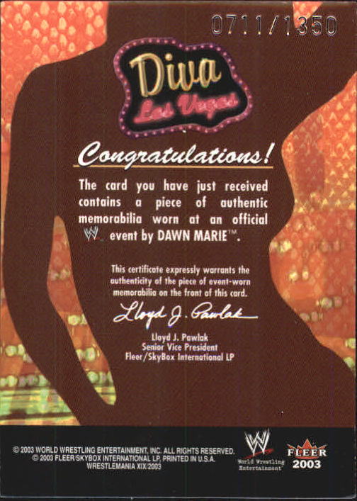 2003 Fleer WWE WrestleMania XIX Diva Las Vegas #NNO Dawn Marie/1350 back image