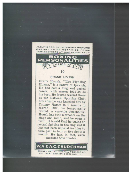 1938 Churchman's Cigarettes #19 Frank Hough back image