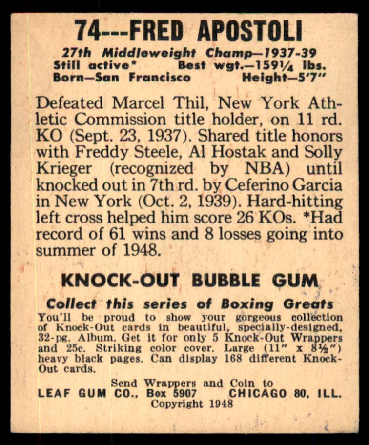 1948 Leaf #74 Fred Apostoli back image