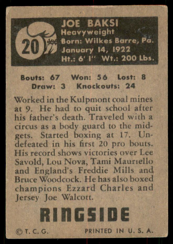 1951 Topps Ringside #20 Joe Baksi back image