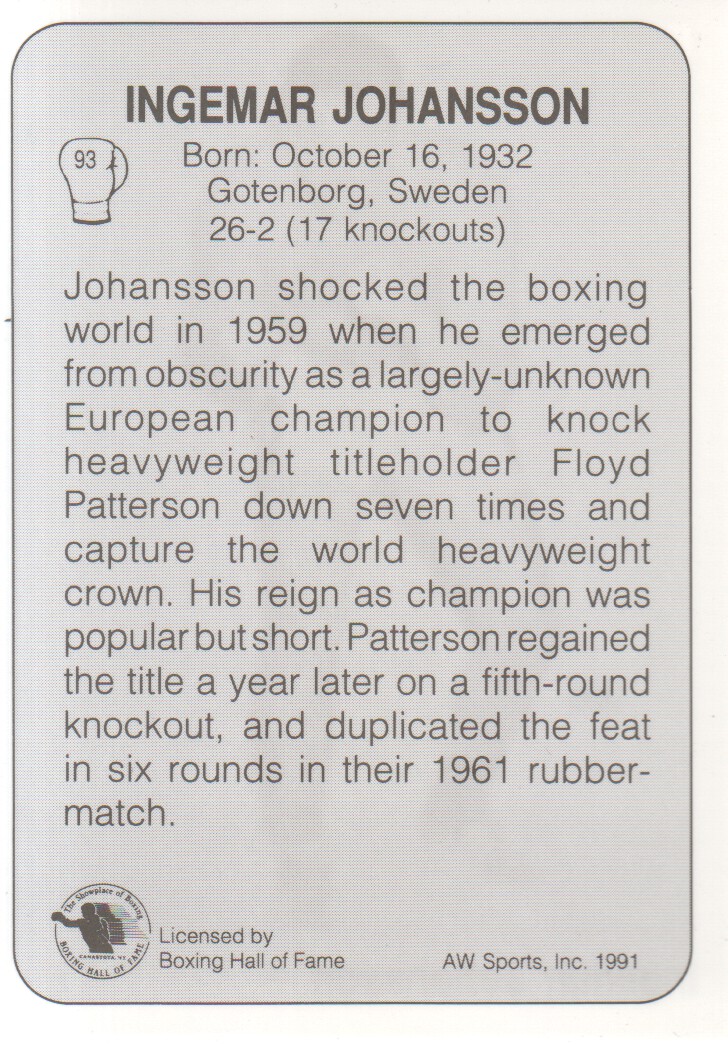 1991 All World #93 Ingemar Johansson back image