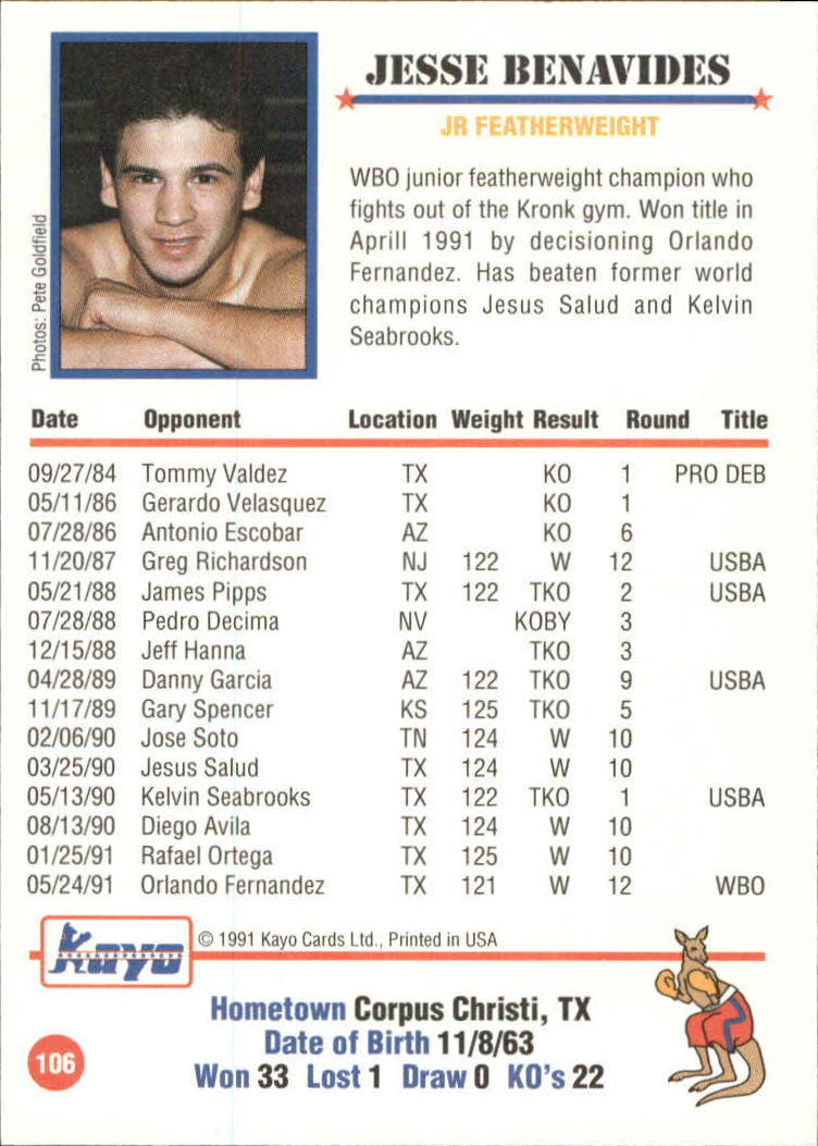 1991 Kayo #106 Jesse Benavides back image