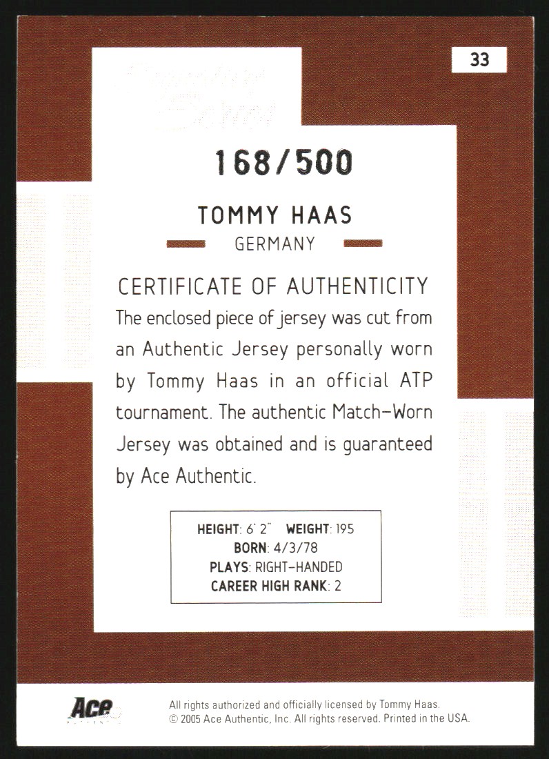 2005 Ace Authentic Signature Series Jersey #33 Tommy Haas back image