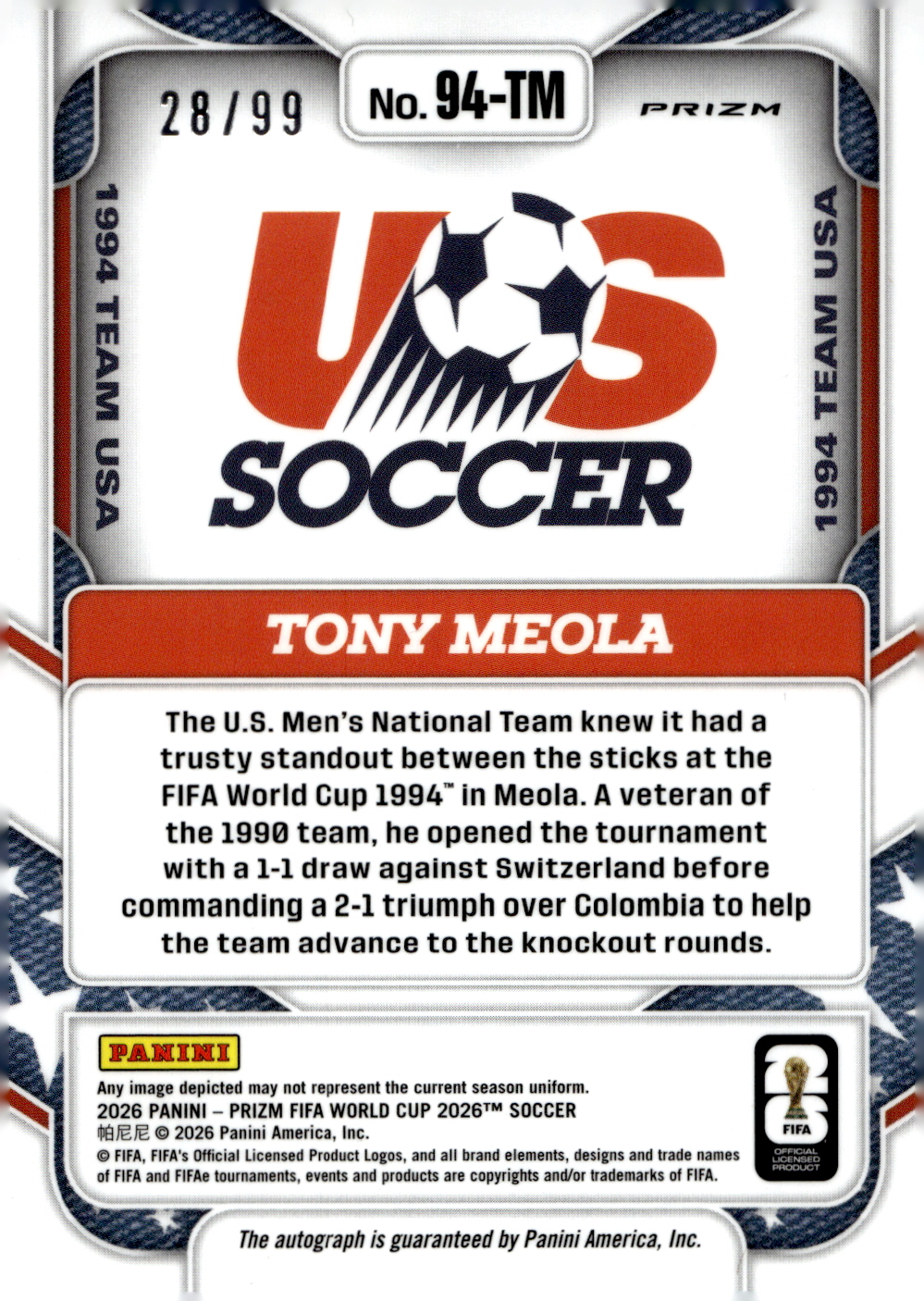 2026 Panini Prizm World Cup '94 Team USA Signatures Prizms Red #1 Tony Meola back image