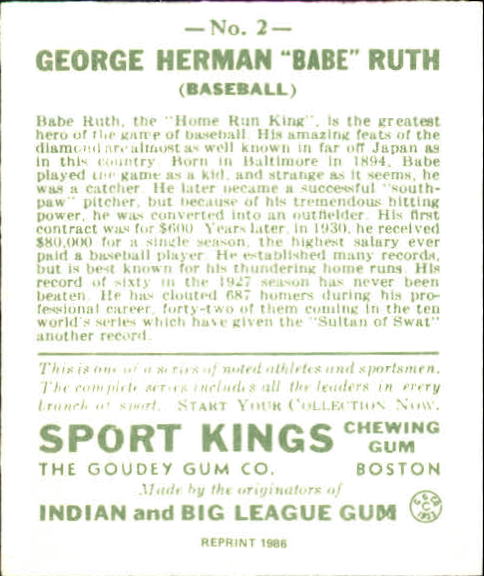 1933 Sport Kings #2 Babe Ruth BB back image