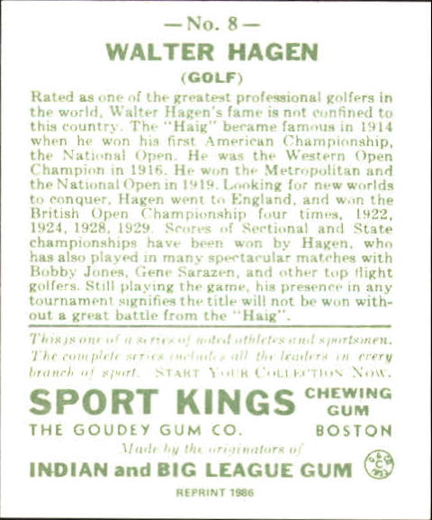 1933 Sport Kings #8 Walter Hagen Golf back image