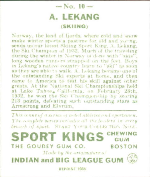 1933 Sport Kings #10 Anton Lekang Skiing back image