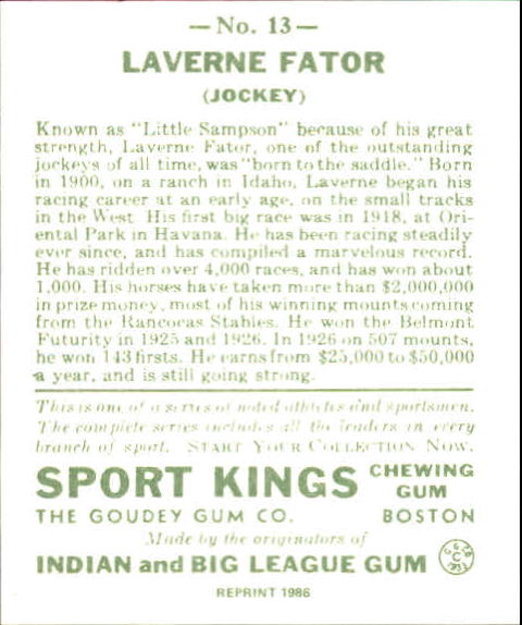 1933 Sport Kings #13 Laverne Fator Jockey back image