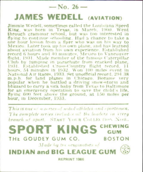 1933 Sport Kings #26 James Wedell Aviator back image