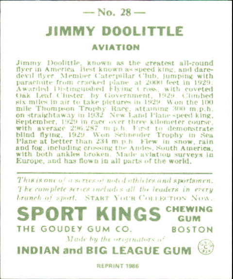 1933 Sport Kings #28 James Doolittle Aviator back image