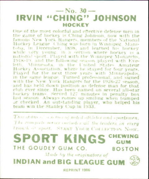 1933 Sport Kings #30 Ivan Ching Johnson HK back image