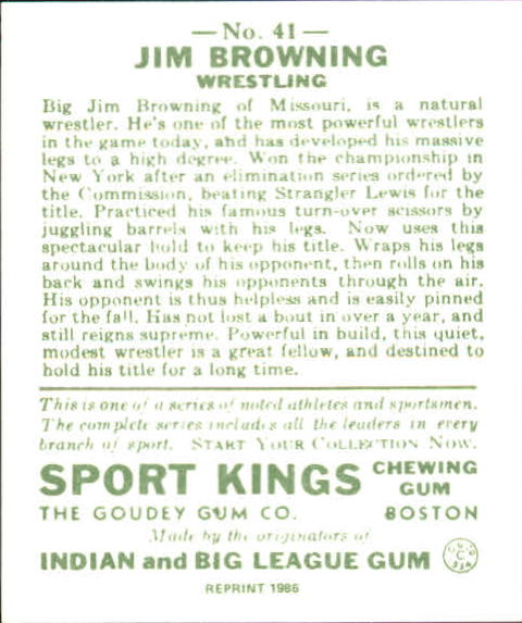 1933 Sport Kings #41 Jim Browning Wrestling back image