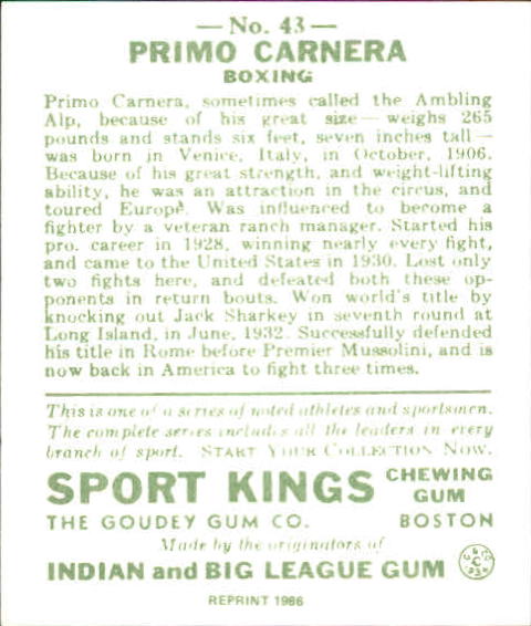 1933 Sport Kings #43 Primo Carnera Boxing back image