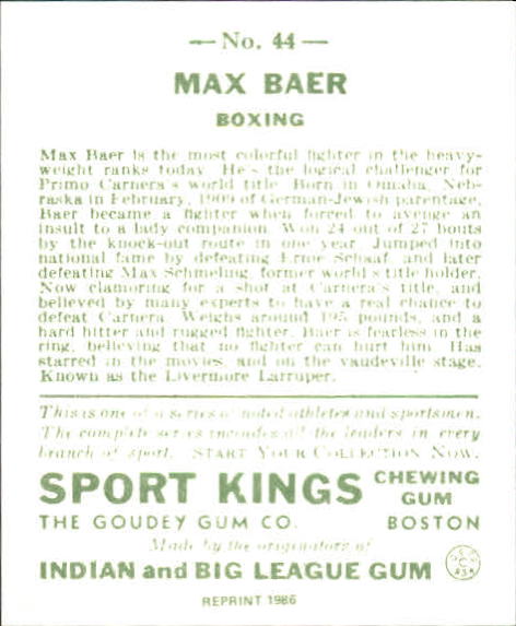 1933 Sport Kings #44 Max Baer Boxing back image