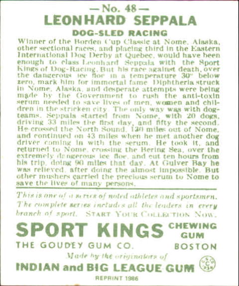 1933 Sport Kings #48 Leonhard Seppala Dog-sled back image