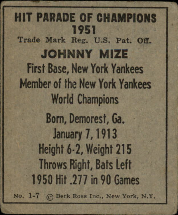 1951 Berk Ross #1-7 Johnny Mize back image