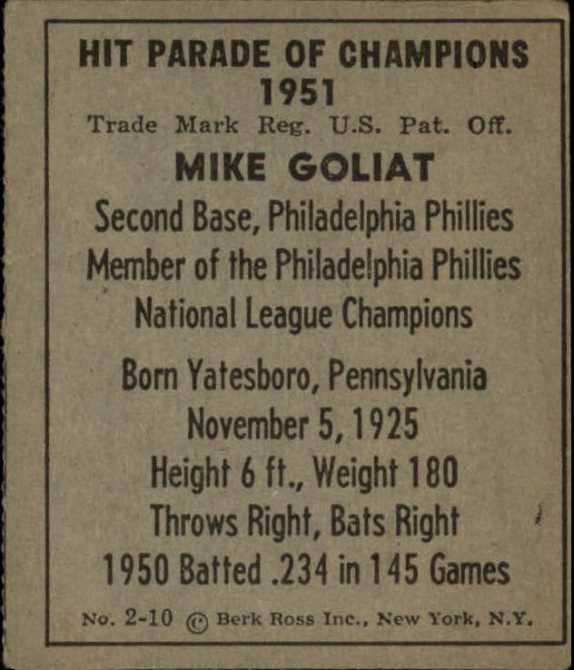 1951 Berk Ross #2-10 Mike Goliat back image