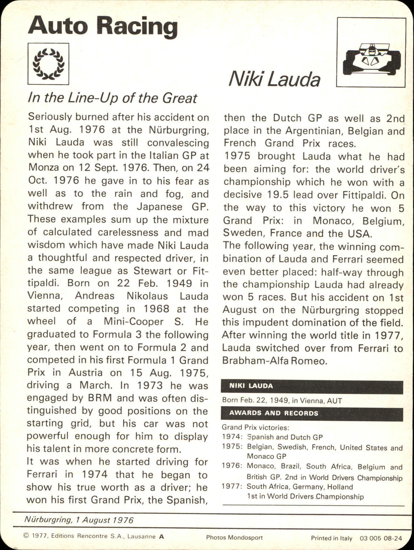 1977-79 Sportscaster Series 8 #824 Niki Lauda back image